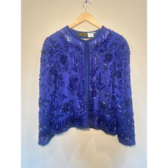 Blue Beaded Creative Creations 100% Pure Silk Top, Jacket Size  M - Picture 1 of 5